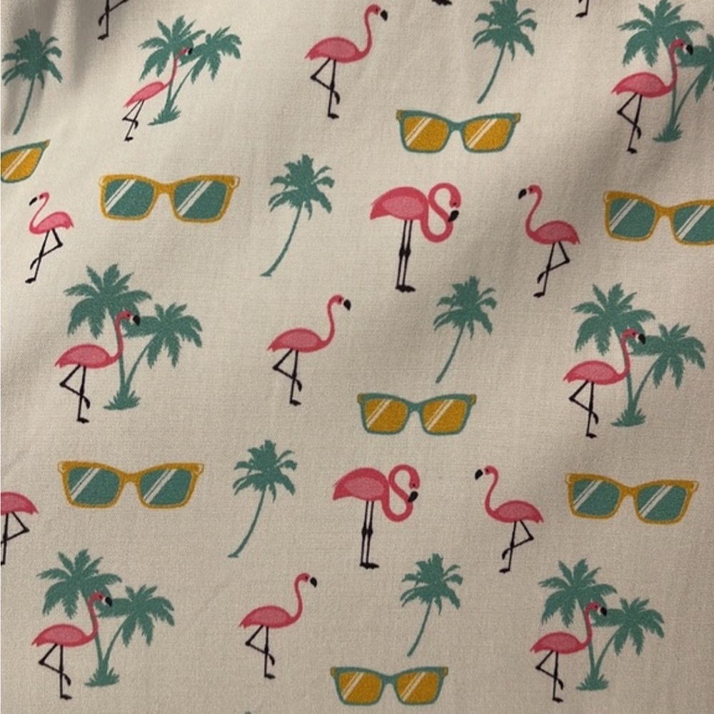 BERMIES Mens resort shirt size XL Rayon Flamingo, Palm Trees, sunglasses